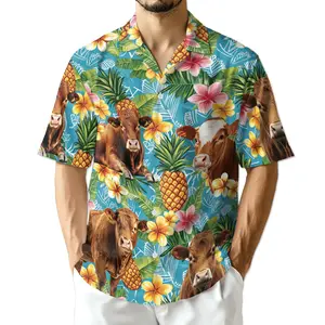 Red Angus Cattle Lovers Pineapple Hawaiian Shirt for Men, Button Down Summer Beach Short Sleeve, Tropical Style, Sizes S-5XL Fabric Womenswear
