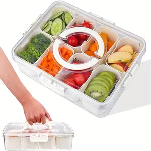 8-bin compartmentalized tray with handles - featuring a lid and removable snack box, fruit container, food storage, snack and lunch organizer, refrigerator plate, salad platter, perfect for travel, candy, and parties