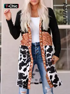 Women's Ethnic Pattern Patchwork Colorblock Cardigan, Casual Open Front Long Sleeve Knitwear for Fall & Winter, Ladies Clothes for Daily Wear