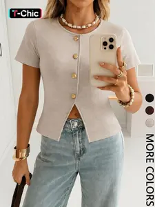Women's Short Sleeve Knit Cardigan, Tops, Knitwear, Luxurious Round Neck Single Button Slim Fit, European Style Fashion Commute Date