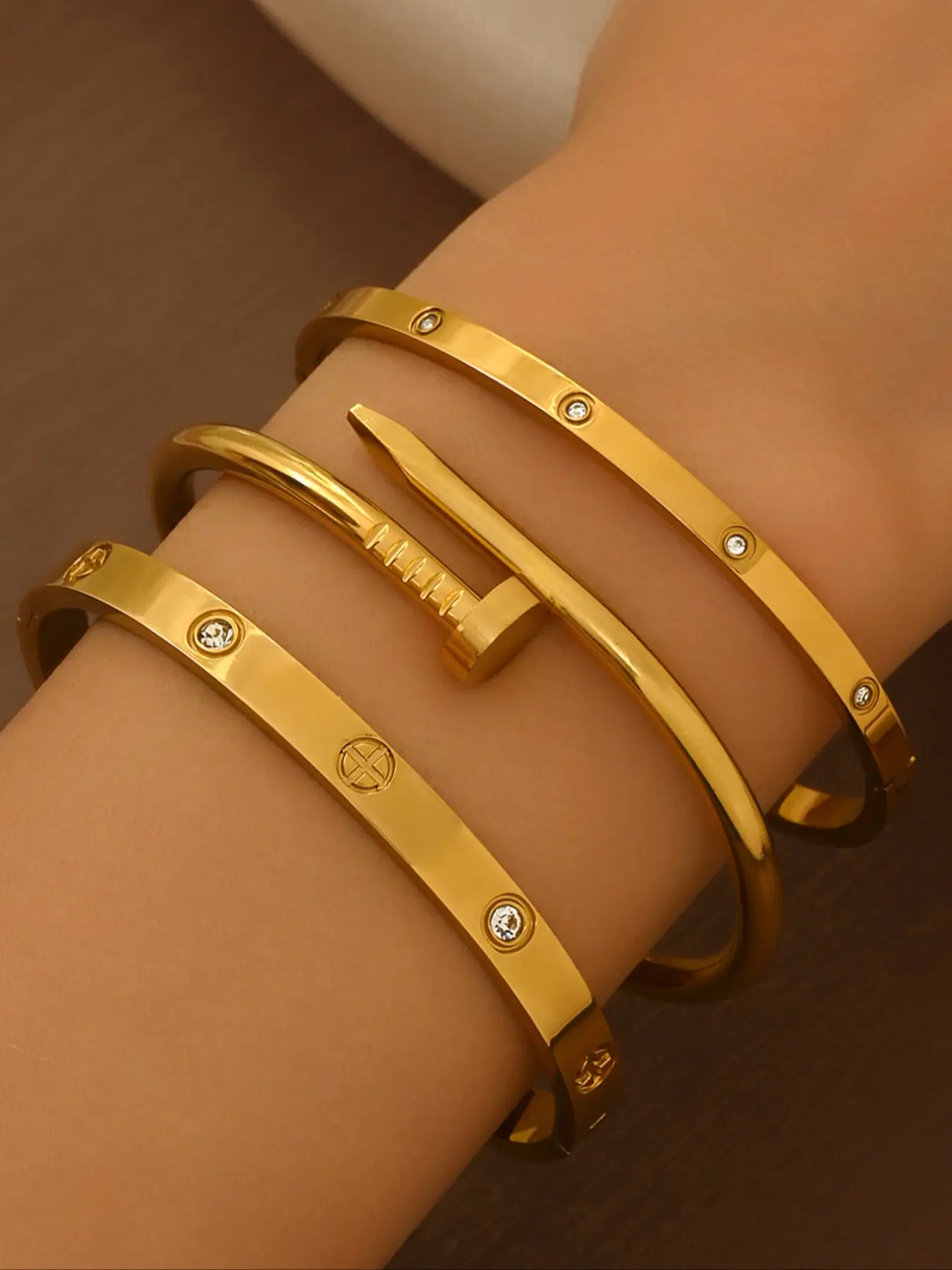 Women's Bangles Bracelets Set, Stainless Steel Heart Design Jewelry, Casual Style, All-Season Wear, Lucky Charm Accessory