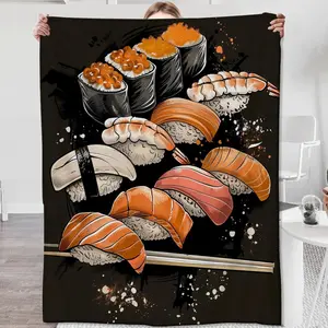Sushi Plush Blanket - Anime Maki Nigiri Temari Sushi Roll Print, Soft Flannel Bedspread for, & S, All-Season Couch Sofa Bed Office Throw, Machine Washable Sushi-Themed Gift