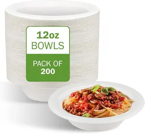 FPN Compostable Paper Bowls Disposable 200 Pack 12 oz, Heavy-Duty Biodegradable Sugarcane Bowls – Eco-Friendly, Bagasse Bowl for Soup, Salad, Dessert & More