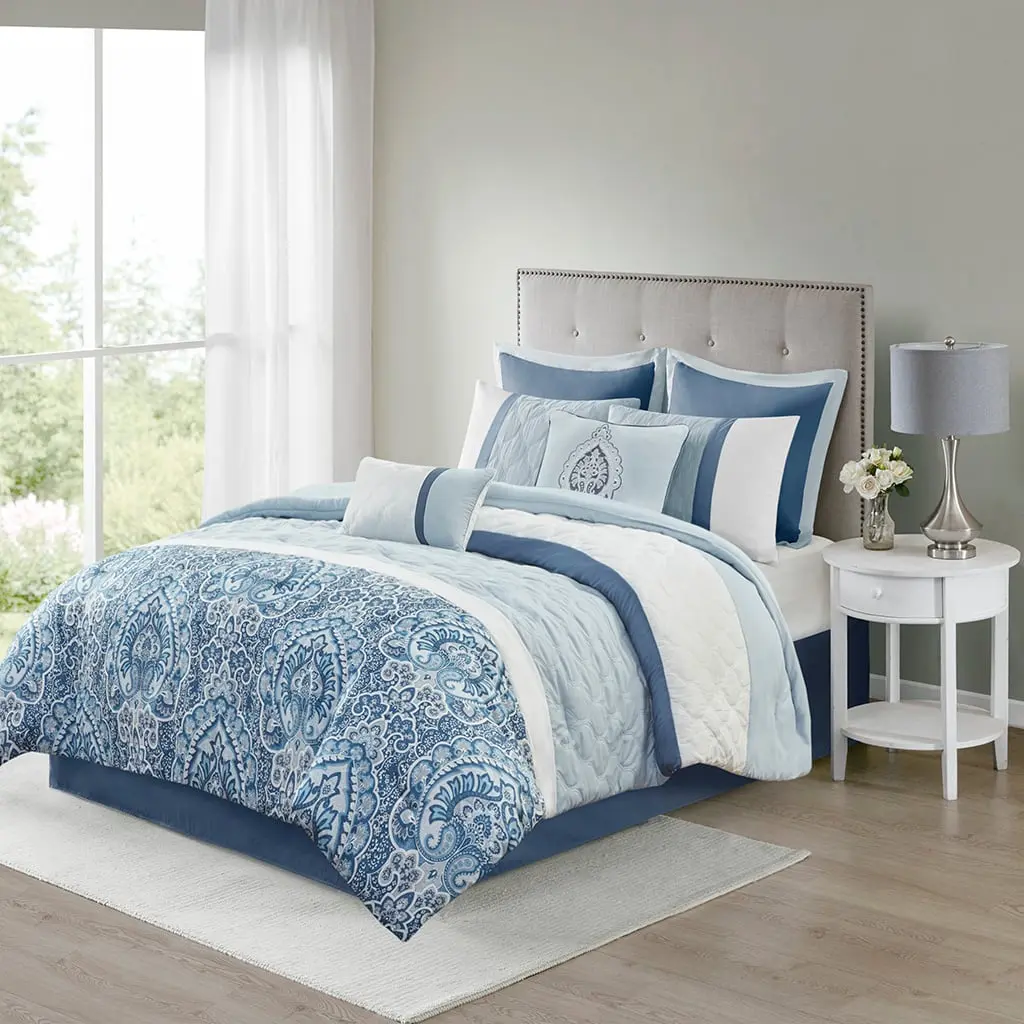 King Size 8-Piece Microfiber Shawnee Comforter Set with 360 Stand, 510 Design (5DS10-0256), Blue, 104x92x1.5 in. - Anti-Allergic Bedding Sets Collections, Quilt Set Bedding, Allergen Reducing Bedding Sets Collections
