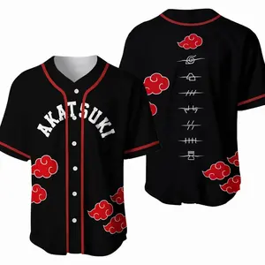 Akatsuki Anime Inspired Baseball Jersey Shirt – Ninja Cloud Symbol Graphic, Japanese Streetwear Style, Button-Up Athletic Jersey, Unisex Oversized Fit, Casual Fan Apparel