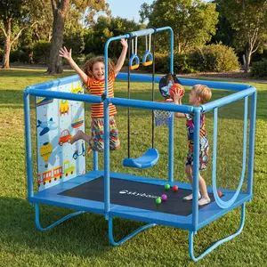 【AUTHENTIC】SkyBound Mini Square Trampoline for Kids with Basketball Hoop, 36"*55'' Indoor Outdoor Toddler Trampoline with Enclosure Net, Swing, Colorful Ocean Balls, Birthday Gift for Boys Girls,basketball