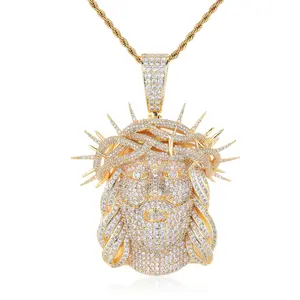 Iced Out Jesus Head Pendant Necklace for Men Women, Golden CZ Crown of Thorns Charm Chain, Hip Hop Bling Statement Jewelry for Streetwear Party Gift