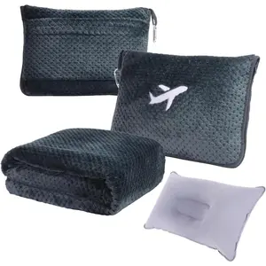 3 in 1 Travel Blanket Pillow Set - 350 GSM Thick Travel Blanket Airplane Compact with Bag, Soft Bag with Pocket, Inflatable Travel Pillow for Camping & Car Trip (Dark Grey)