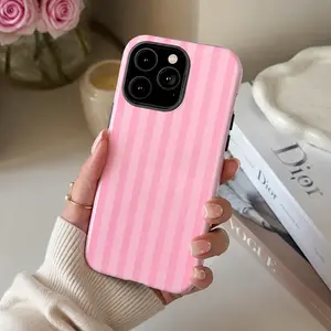 Pink Stripe Patterns Two-In-One Matte Texture Phone Case Suitable For Compatible With Iphone17 16, 15, 14, 13, 12, 11,PRO MAX Fashion Trendy Anti-Stain Durable Lightweight Protection Shockproof Matte Texture Elegant Luxury Gift High-Quality New Product