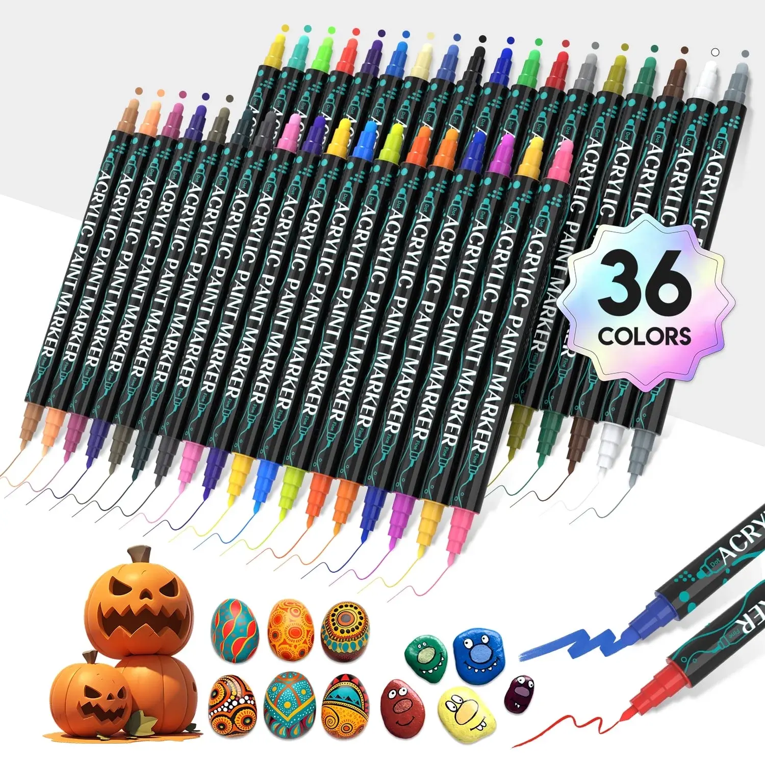 Dual-Tip Acrylic Paint Markers Set, 12/24/36/48-Count Double Headed Art Drawing Supplies with Fiber Nibs for Outline & Fill, Wood, Rock, Glass Crafts (Office Stationery Art Supplies), Double Headed Marker, Vivid Colors