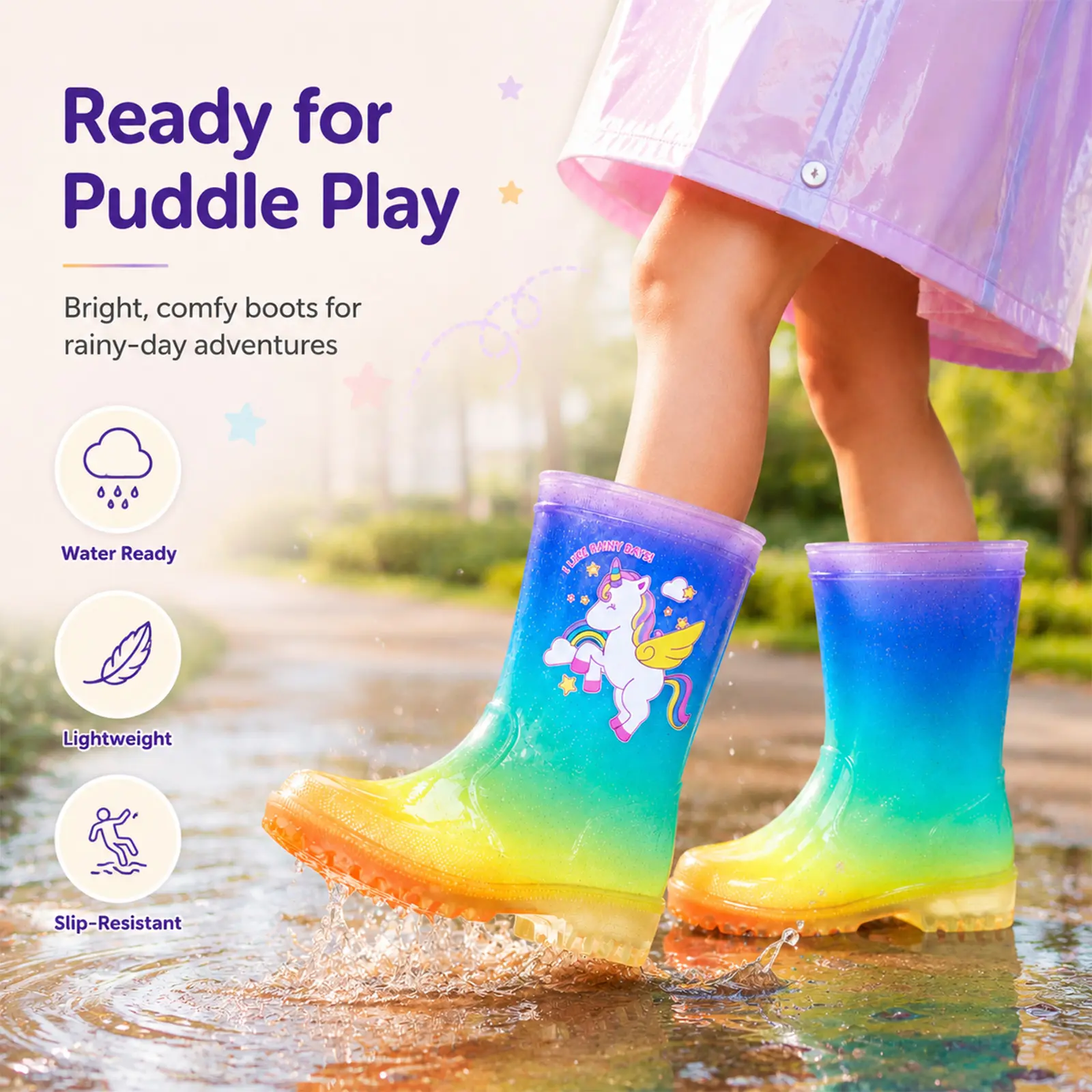 Girls' Unicorn Rain Boots - EVA, Waterproof, Non-Slip, Breathable, Rainbow Gradient, Slip-On, Wide Toe, Roomy Fit, All-Weather Grip, All-Seasons, Perfect Gift for Beaches & Any Occasion