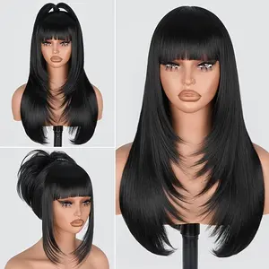 2026 26" Glueless Straight Layered Wig with Bangs - Heat Resistant Synthetic Hair for Instant Style, Natural Black