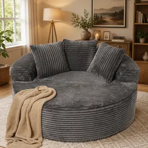 CAODOC 59" Oversized Round Corduroy Sofa Bed, Boneless O-Shape Chaise Lounge Chair with 3 Pillows, Deep-Seat Lazy No-Assembly Couch for Adults, Living Room