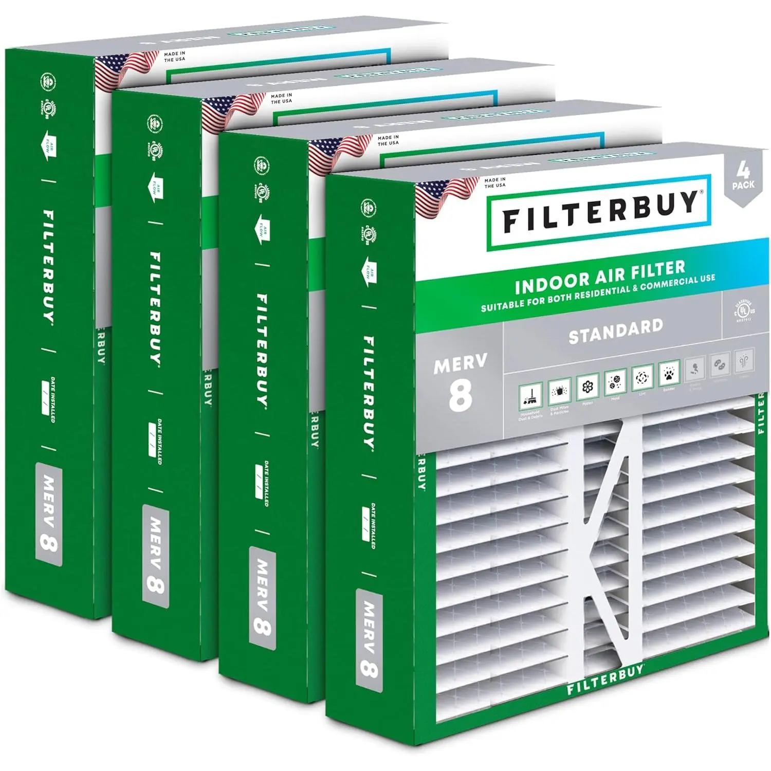 Filterbuy Rectangular 20x20x5 Pleated Air Filter (4-Pack) - MERV 8 Rating, Electrostatic Charge, Dust Capture for Honeywell FC100A1011, Lennox X0585 HVAC AC Furnace Systems, Pleated Shape
