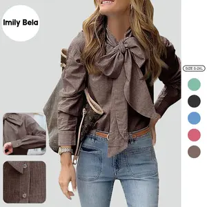 Imily Bela Womens Plaid Shirts Bow Tied Neck Button Down Long Sleeve Casual Dressy Blouse Tops