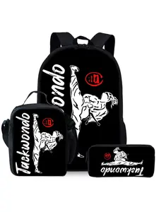 Taekwondo printed backpack three-piece set, including lunch bag, pencil case, and backpack