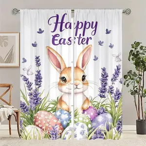 2pcs HD Digital Easter Bunny and Egg Print Curtains, Polyester Material, Semi-Transparent Privacy Protection, Washable, Bedroom and Living Room Decor