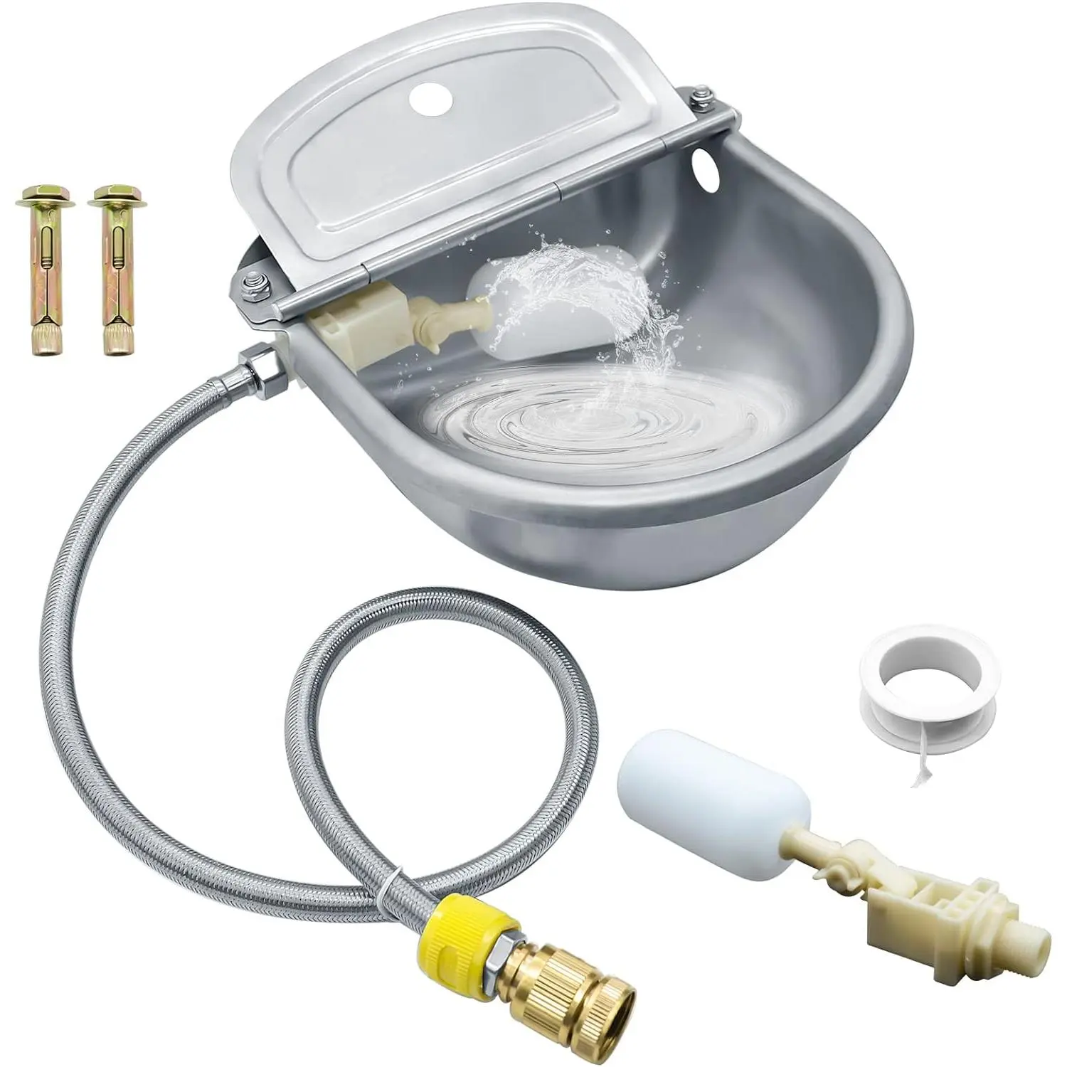 304 Stainless Steel Automatic Animal Drinking Water Bowl, Livestock Water Trough Dispenser with Pipe Hose, 2 Float Valves, Quick Connector, 2 Countersunk Head Bolts for Dogs, Pigs, Cows, Ranch, Farm, Yard