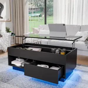 Hommpa 40'' Lift Top Coffee Table with LED Lights Modern High Gloss End Table with Rising Top, Hidden Storage Drawer & Open Shelf table sofa  table  light  behind  couch