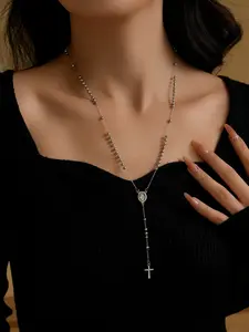 Silver Color Beaded Necklace with Virgin Mary Cross Pendant, Fashion Vintage Long Clavicle Chain, Versatile Jewelry for Women