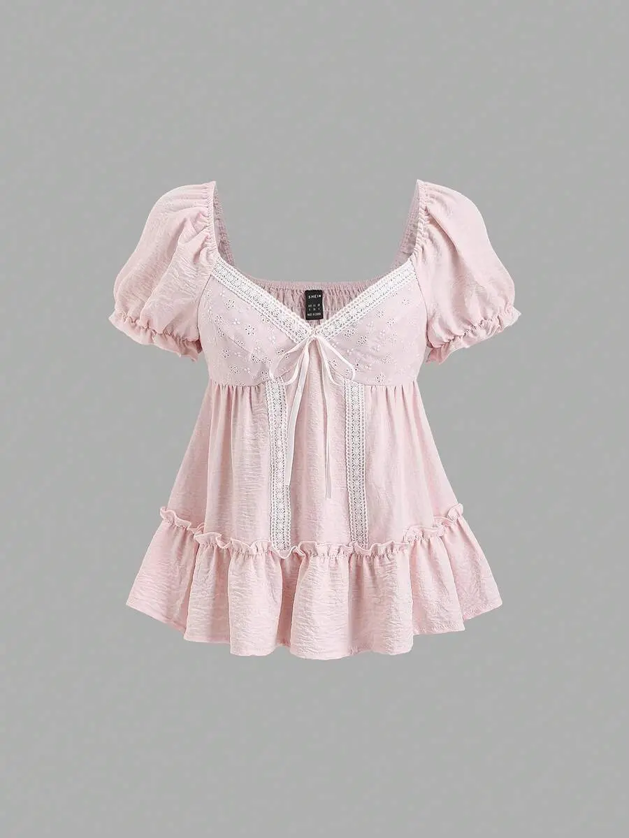 Spring/Summer French Style Soft Pink Square Collar Bow Tie Ribbon Puff Sleeve Loose A-Line Women Blouse, Romantic & Sweet