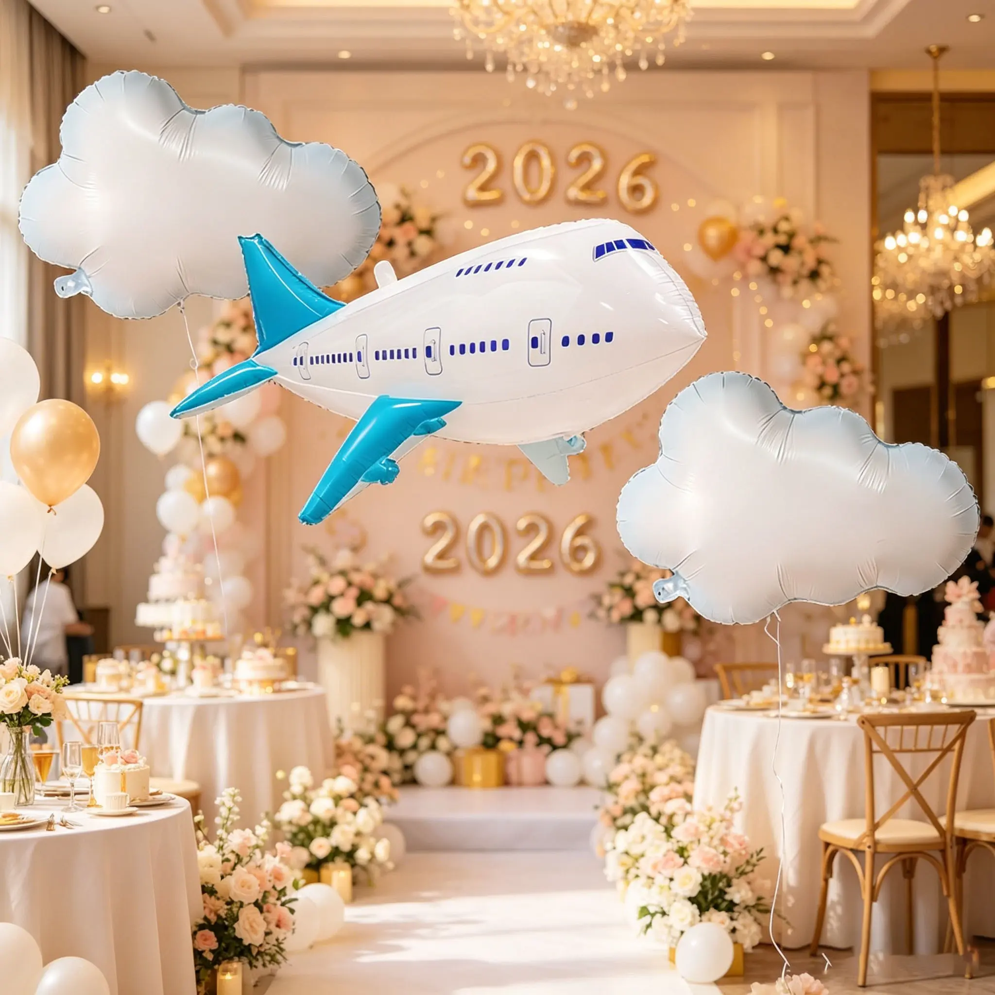 3-Pack Large White Cloud + Airplane Foil Balloon Set, Balloon Decorations Kit, Party Balloons, Perfect for Birthday, New Year, Valentine‘s Day, Wedding, Party Decorations, Sky Theme Decor, Helium Floatable, Photo Prop, Indoor Outdoor