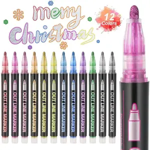 12 Colors Outline Markers, Double Line Shimmer Marker Pens for Christmas Greeting Cards, Scrapbook Crafts, Doodling, DIY Art Crafts, Easter Egg, Metal, Ceramic, Glass, Christmas Decor