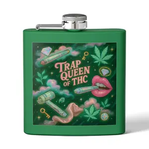 Trap Queen Stainless Steel Flask Green Printed Design Leak-Proof Lid Double-Wall Insulation 6oz Capacity Durable Rust-Free Drinkware Portable & Compact