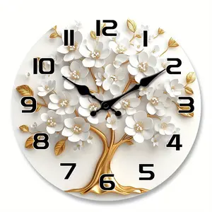 10 inch Simple white flower and Golden tree pattern design wooden veneer wall clock, floral theme silent clock, suitable for living room, bedroom, kitchen, office decoration, modern home art decoration, ideal Valentine's Day, New Year gift, birthday gift