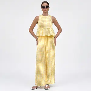 Womens 2 Piece Summer Outfits Plaid Crew Neck Sleeveless Ruffle Hem Tank Top and Long Wide Leg Pants Set Casual Lounge Sets