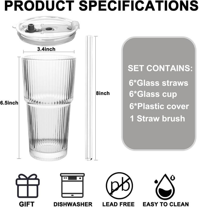 Ribbed Glass Cups with Lids and Straws | 6/8Pack 20oz Thickened Tumbler Set | Ideal for Coffee, Smoothies, Cocktails & Juices