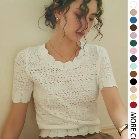 French Elegance Versatile Slim Fit Basic Casual Fashion Knit Lazy Short Sleeve Soft Knit Pullover T-Shirt, Knitted Top Casual Knit Tops for Women Spring Summer (random Pattern) Knitwear