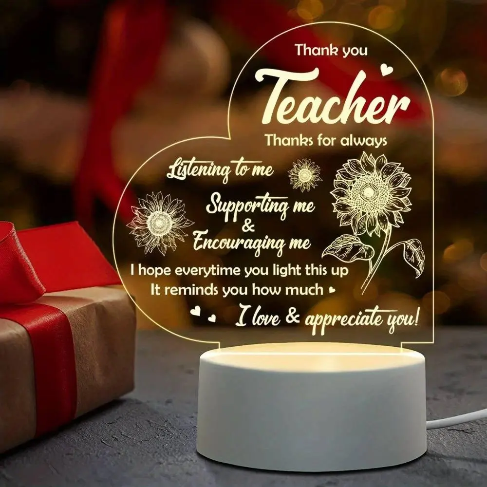 Sunflower Acrylic LED Night Light - USB-Powered Warm White Heart-Shaped Lighted Decorative Piece, End of Year Teacher Gifts, Classroom & Home Festive Decor Supply, Lighted Decorative Lights