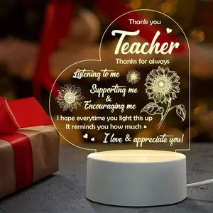 Sunflower Acrylic LED Night Light - USB-Powered Warm White Heart-Shaped Lamp, Teacher Appreciation Gift for Classroom Decor, End of Term Sentimental Home/Festive Decor Supply