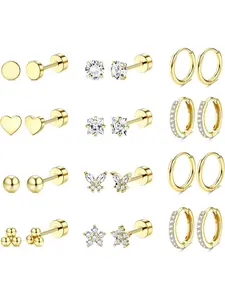 Hypoallergenic 14K Gold Plated Flat Back Fashion Earrings for Women Men Stainless Steel Earrings for Sensitive Ears Small Ear Studs, Hoop Cartilage Earring Stacking Set for Multiple Piercing Jewelry