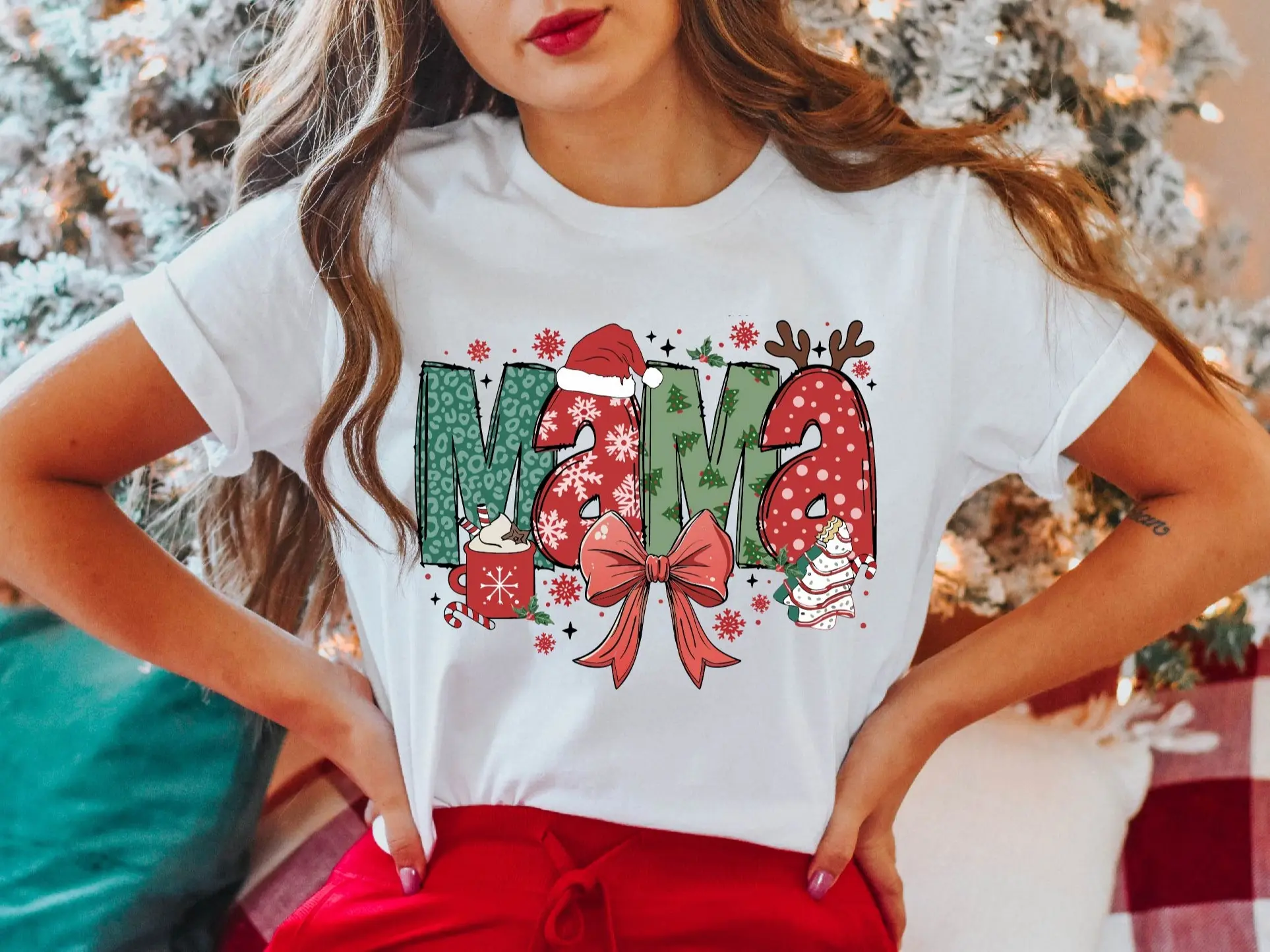 Christmas Mama T-Shirt, Christmas Mom Coquette Bow Shirt, Christmas Gift Tee For Mama Tee, Christmas Family Tee, Christmas Tree Shirt, Mama Claus T-Shirt.