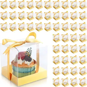 50 count Clear Plastic Cupcake Boxes, 3.5 Inch Single Cupcake Containers, Individual Cup Cake Holder Boxes with Inserts and Ribbon, Cake Storage Holder for Wedding Kitchen Party Favor()