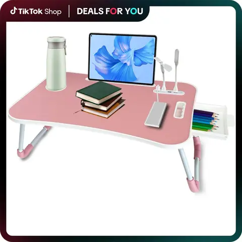 Foldable Laptop Bed Desk Tray with 4 USB Ports Portable Lap Table Tiltable Tabletop Wood Workstation Storage Drawer Cup Holder for Home Bed Couch Working Reading#Summervibes，homeessentials
