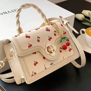Fashionable High-End Pu Handbag Crossbodybag for Woman, Tote Bag With Versatile Square Shape Cute Cherry Print Shoulderbag, Perfect For Shopping, Dating Or CrossBody For Girls Send Scarf.