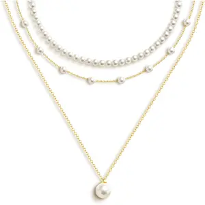 Gold Pearl Necklace for Women, Dainty 14K Gold/Silve Plated Layered Pearl Choker Pearl Earrings Pearl Bracelets Wedding Trendy Gold Jewelry Set for Women Gifts