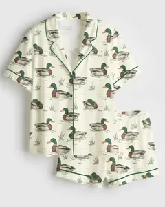 Watercolor Mallard Duck Duck Hunting Satin Pajama Set for Kids & Adults, Fun & Stylish Mallard Duck Sleepwear (No Chest Pocket), Birthday Gift, Anniversary Gift, Summer Satin Set, Unique PJs with Design, Pajama Gift For Her