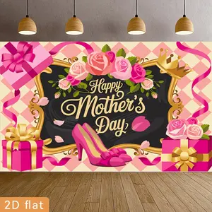 2D Flat, 1pc Elegant Multicolor Pink Red Roses Golden Frame Checkered Backdrop Banner Suitable for Mothers Day Wedding Graduation Party Decorations, Blackboard Suitable for Entrance Decoration for Garden Events, Photog