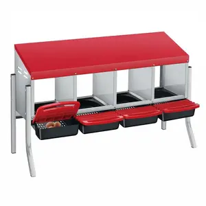 Red Chicken Nesting Box, 4 Compartment Zinc Alloy Nesting Box with Roll Away Egg Collection Plastic Handle Metal Stand, Wall/Freestanding for Chicken Coop Backyard Farm