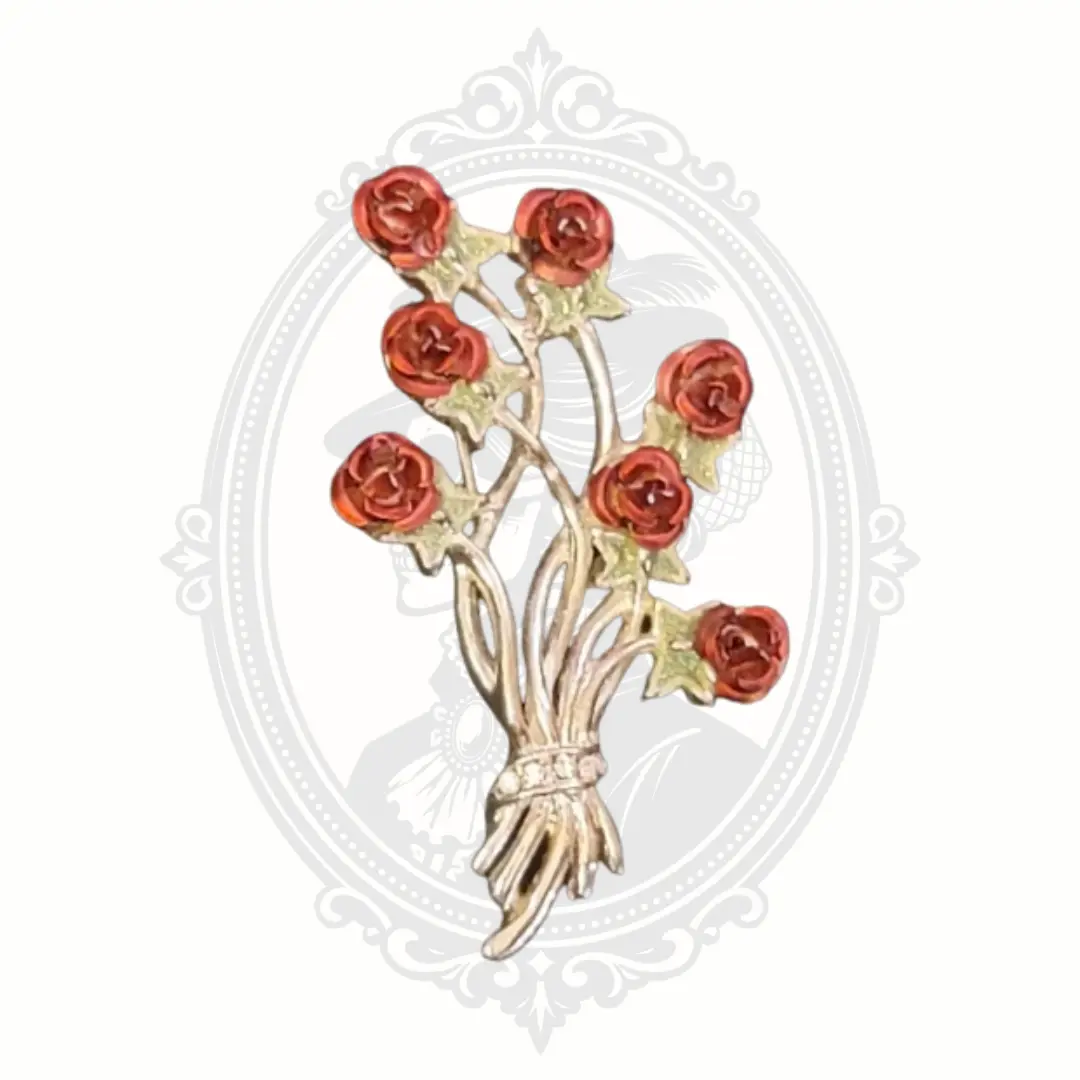 Vintage Rose Bouquet Brooch – Red Enamel Floral Pin with Rhinestone Detail