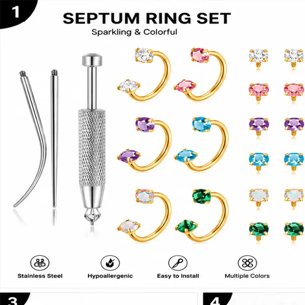 “Gold & Silver Septum Ring Set – 18G Horseshoe Nose Rings, Screw-in Hypoallergenic Body Jewelry, Multi-Color Gems, 6PCS, Sizes 6/7/8mm, Daily Wear, Minimalist, Adjustable for Women & Men”
