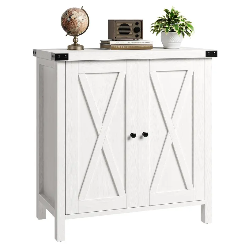 White Farmhouse MDF Wood Kitchen Buffet Sideboard - Durable Commercial/Office Furniture, Sturdy Frame, Waterproof Countertop, Doors, Shelves, Metal Handles, MDF Cabinets Storage Cupboard for Dining Room, Living Room