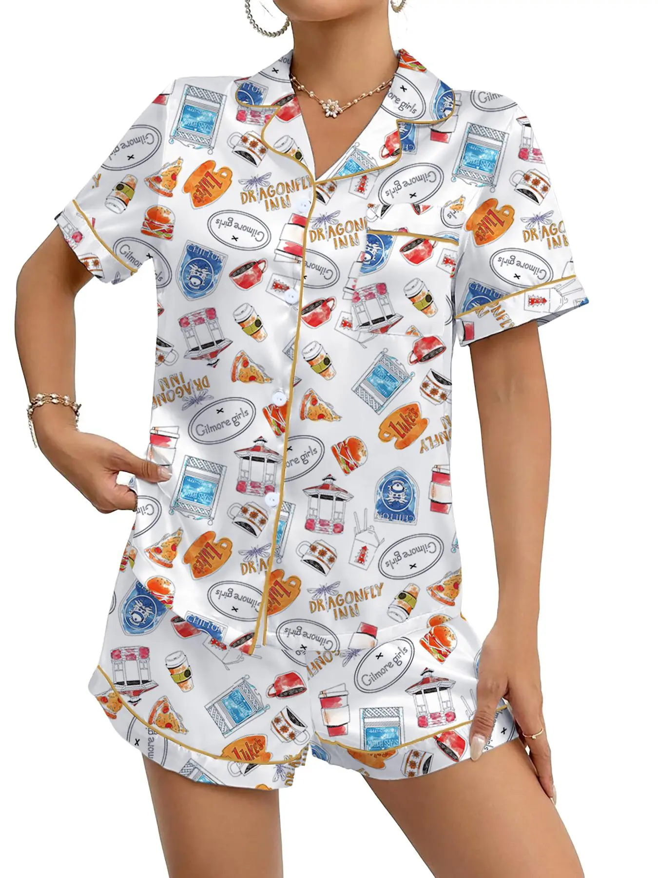 Women's Stars Hollow Gilmore Girls Comfortable Knitted Casual Pajama Loungewear Sleepwear Set, Womenswear, Lady, Two-Piece Short Sleeve Top &Elastic Pants, Fitted Pajamas, All Seasons Fitted Nightgown Gift