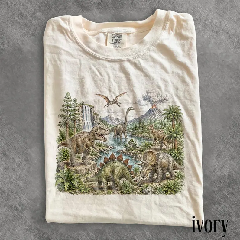 Vintage Dinosaur Landscape Graphic Tee, Jurassic Era T Rex Shirt, Prehistoric Nature Retro Style Top, Comfort Colors Dino Gift Tee
