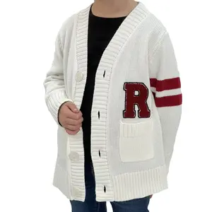 Retro 'R' Letterman Cardigan Sweater for Boys and Girls Monogram Design Double Stripe Knitwear 55% Acrylic 45% Cotton Made in USA