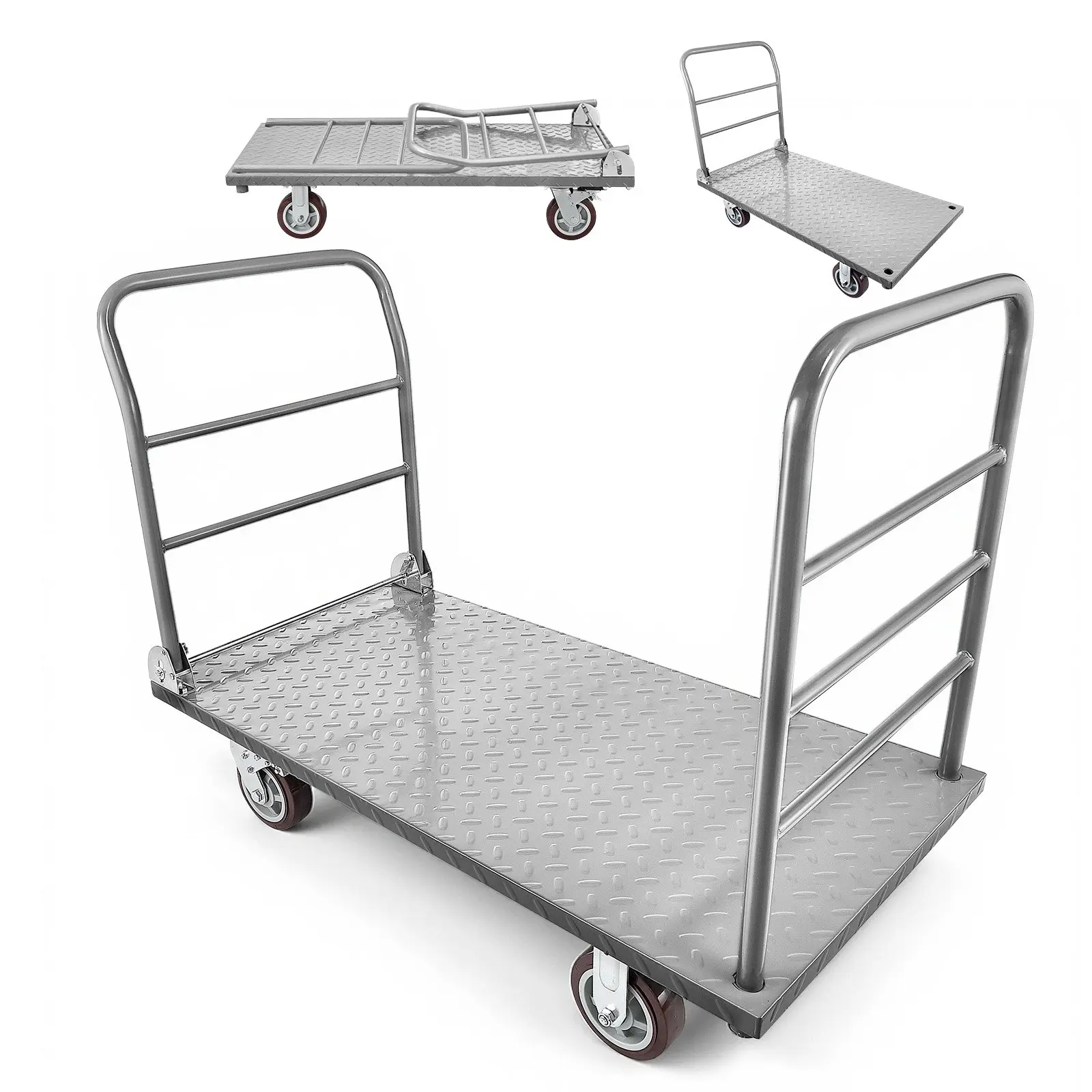 【DealsForYouDays】【DealsForYouDays】  4-Wheel Trolley Heavy Duty Platform Truck, 2650 lbs Capacity Flatbed Cart Dolly with Detachable Guardrail & Swivel Wheels, Foldable Hand Push Cart for Garage, Warehouse, 48x24x36.2 in, Four-Wheel Trollies
